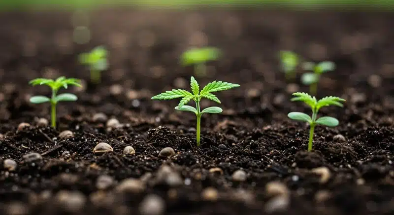 Cindy 99 Regular plántulas cannabis germinación en suelo fértil.