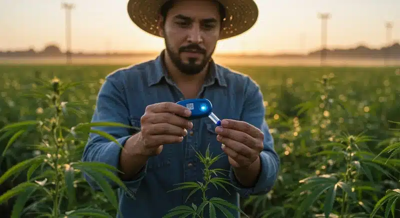 Agricultor midiendo Brix en cultivo de cannabis con suelo vivo, utilizando refractómetro para analizar azúcares y salud del sistema radicular.