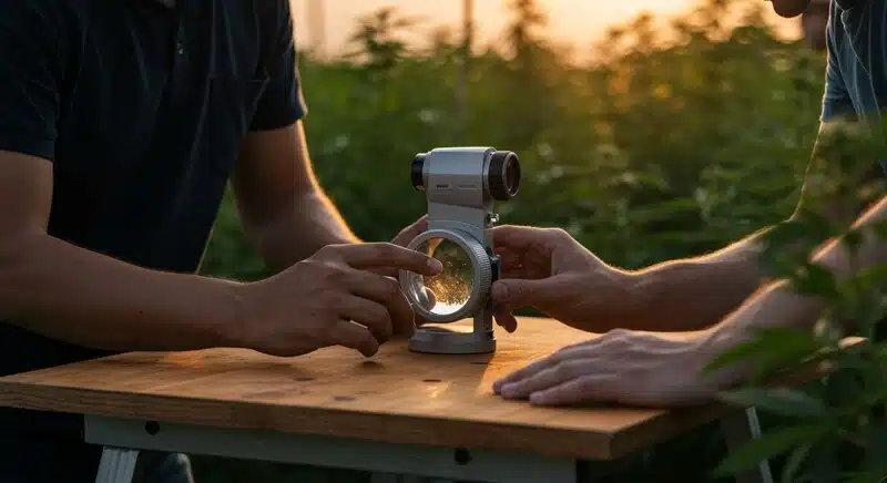 Dos cultivadores utilizan un refractómetro portátil para medir los grados Brix en la savia de una planta de cannabis. Esta herramienta permite conocer la concentración de azúcares y sólidos disueltos, un indicador clave del estado nutricional, la eficiencia fotosintética y la calidad del cultivo