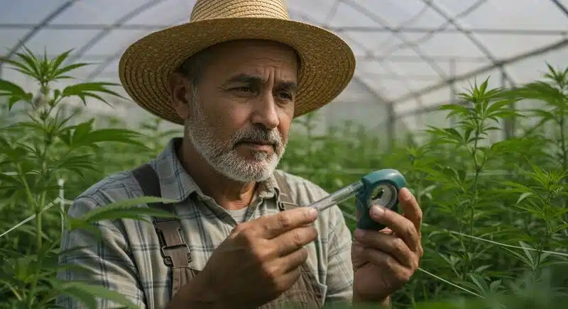 Agricultor utilizando refractómetro en cultivo de cannabis en invernadero, midiendo niveles de Brix para controlar azúcares y salud vegetal.