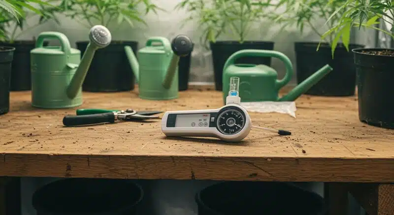 Refractómetro y herramientas de cultivo sobre mesa, equipo utilizado para medir niveles Brix en hojas y tallos de cannabis y evaluar azúcares.