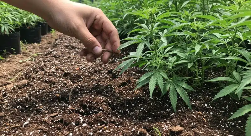 Cultivador inspeccionando el sustrato alrededor de una planta de cannabis. Problemas en el suelo como compactación, mala aireación o desequilibrios nutricionales pueden generar estrés radicular y afectar negativamente al Brix.