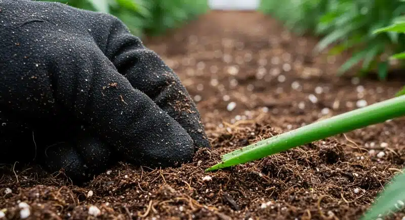 Cultivador inspeccionando el sustrato de cannabis antes del riego. El estado del suelo, junto con las lecturas de Brix, ayuda a determinar cuándo iniciar el lavado (flushing) para evitar excesos de sales y mejorar la calidad final.