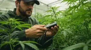 Medición de Brix en cannabis con medidor portátil para ajustar riego y fertilización.