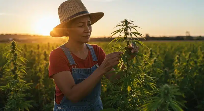 Cultivadora inspeccionando plantas de cannabis en exterior para seleccionar genéticas estables mediante marcadores moleculares y mejorar resistencia, producción y perfiles cannabinoides.