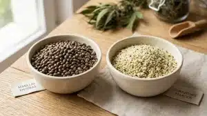 Semillas de cannabis enteras vs peladas comparadas en cuencos.