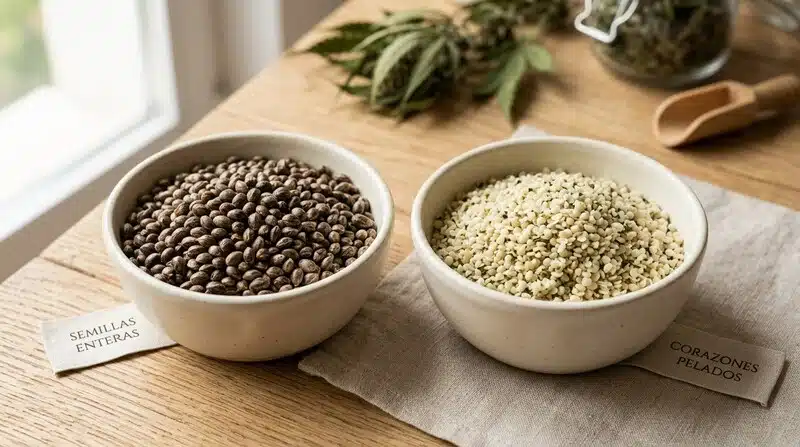 Semillas de cannabis enteras vs peladas comparadas en cuencos.