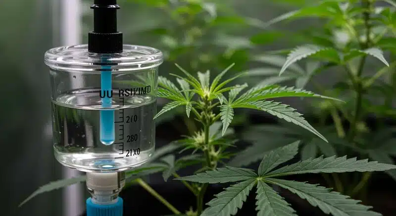 Sistema de medición de agua en cultivo de cannabis evaluando parámetros como EC y pureza. La calidad del agua influye directamente en la disponibilidad de nutrientes y en la capacidad de la planta para generar azúcares, afectando los niveles de Brix.