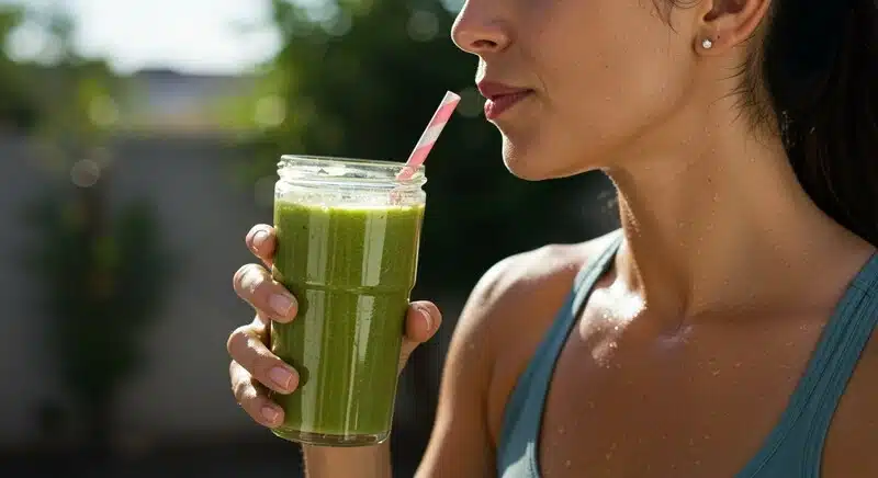 Smoothie verde con semillas de cáñamo rico en proteínas y energía.