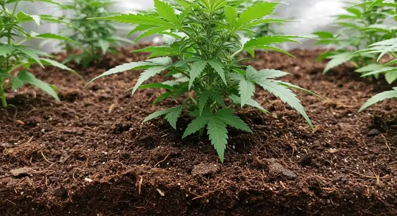 Planta de cannabis en suelo vivo con alta actividad microbiana y niveles elevados de Brix.