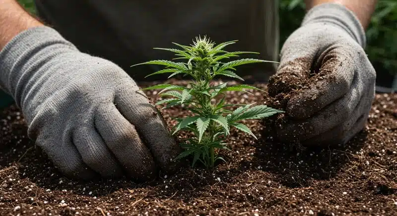Cultivador trabajando el sustrato alrededor de una planta de cannabis en crecimiento. Un suelo rico en materia orgánica y microbiología activa favorece niveles altos de Brix, lo que está directamente relacionado con una mayor producción de terpenos.
