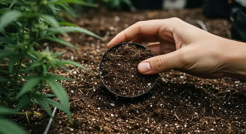 Sustrato aireado con materia orgánica y perlita, ideal para el cultivo de cannabis. Este tipo de suelo mejora la oxigenación de las raíces y la disponibilidad de minerales, factores esenciales para elevar el Brix y optimizar la salud de la planta.
