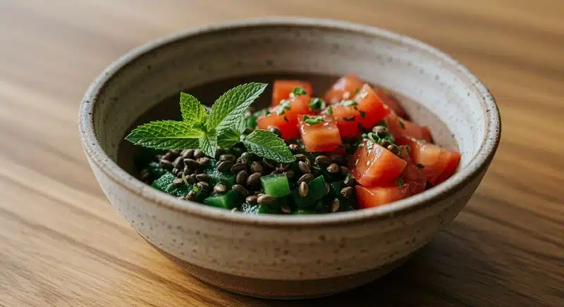 Tabulé de cáñamo preparado con verduras frescas y semillas en bol.