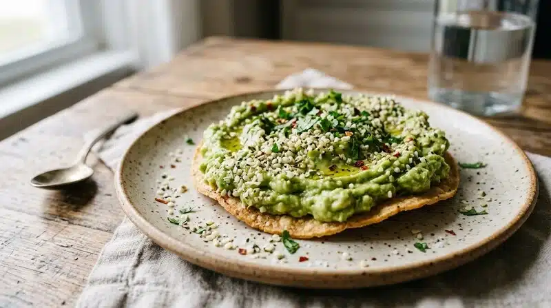 Tostada con aguacate y semillas de cáñamo como topping, una forma sencilla de incorporar este superalimento en la dieta. Aporta proteínas, grasas saludables y un extra de textura en comidas cotidianas.