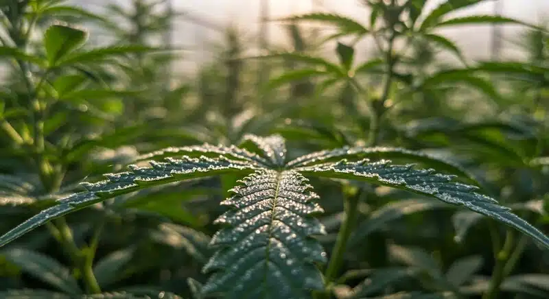 Hojas de cannabis con rocío en un cultivo de exterior.