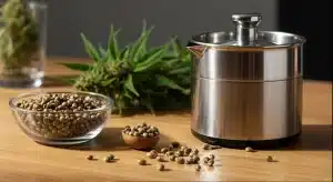 Semillas de cáñamo y utensilios para preparar leche vegetal casera.
