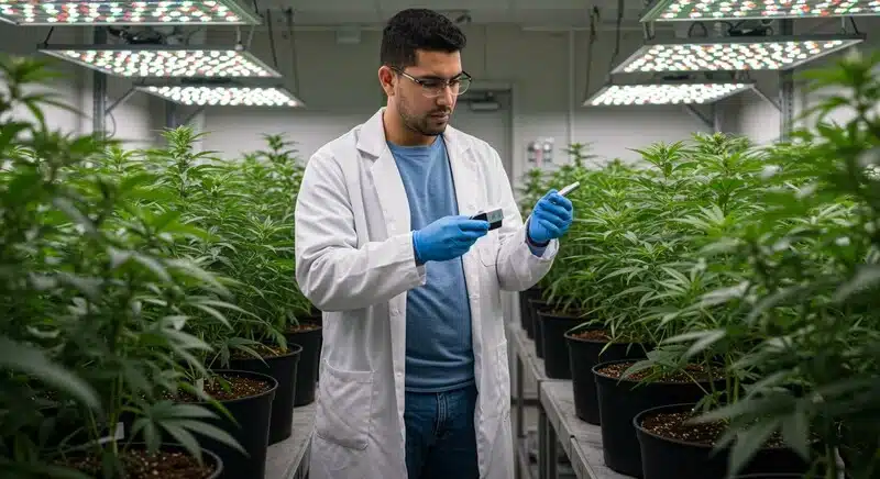 Especialista evaluando plantas de cannabis en cultivo indoor bajo iluminación LED. El uso de lecturas Brix permite ajustar el pH y los nutrientes según la eficiencia real del metabolismo vegetal y la absorción radicular.