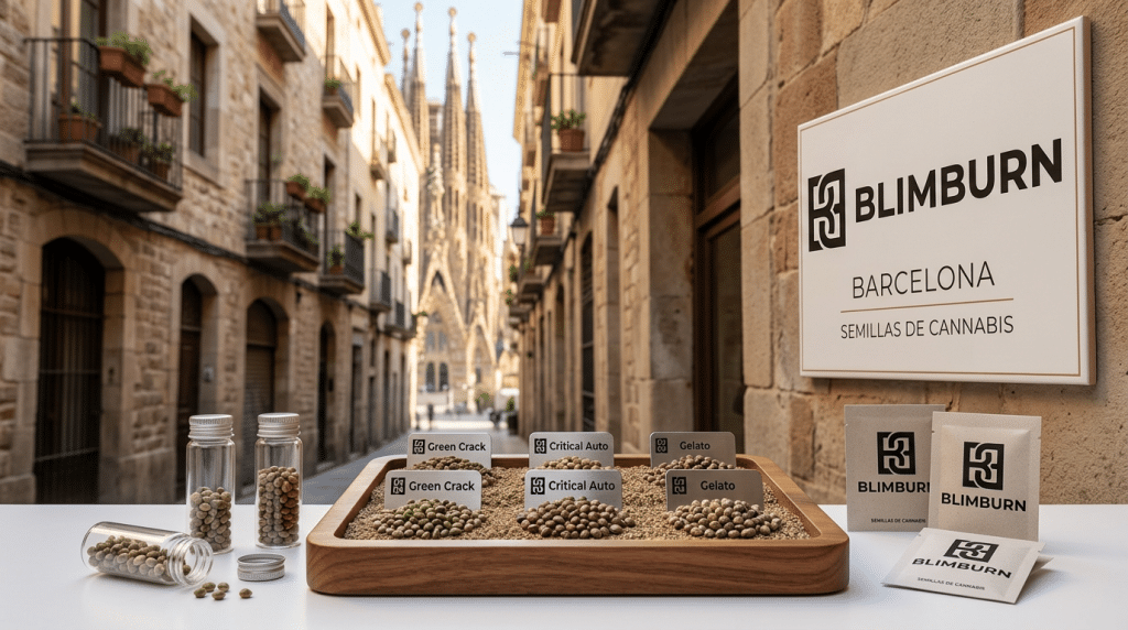 Expositor de semillas de cannabis de Blimburn en Barcelona con variedades etiquetadas.