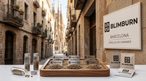 Expositor de semillas de cannabis de Blimburn en Barcelona con variedades etiquetadas.