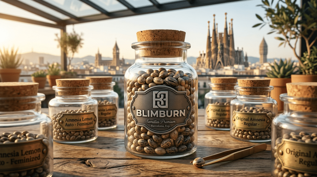 Frascos de semillas de cannabis de Blimburn en Barcelona con la Sagrada Familia al fondo.