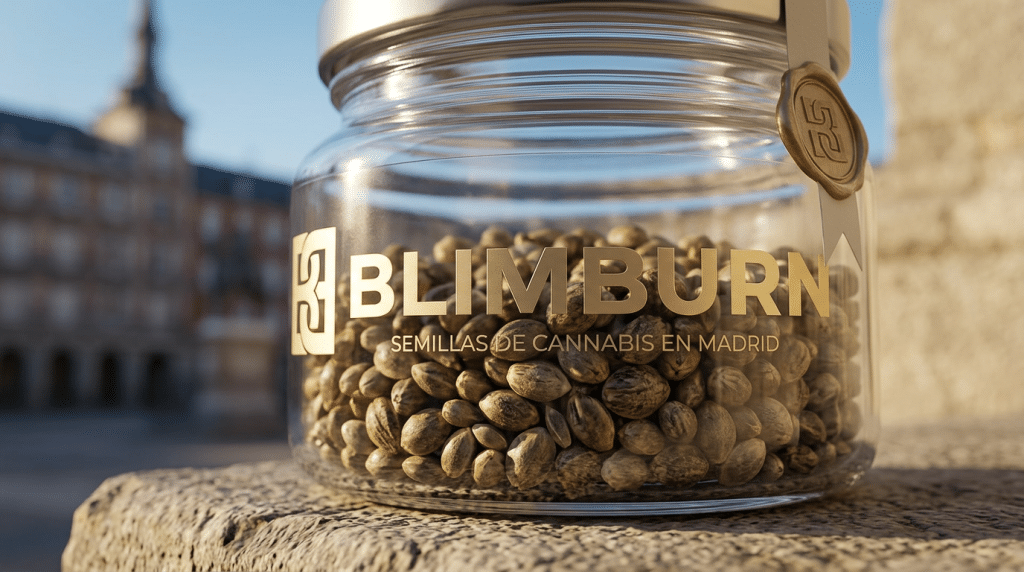 Tarro de Blimburn con semillas de cannabis en Madrid.