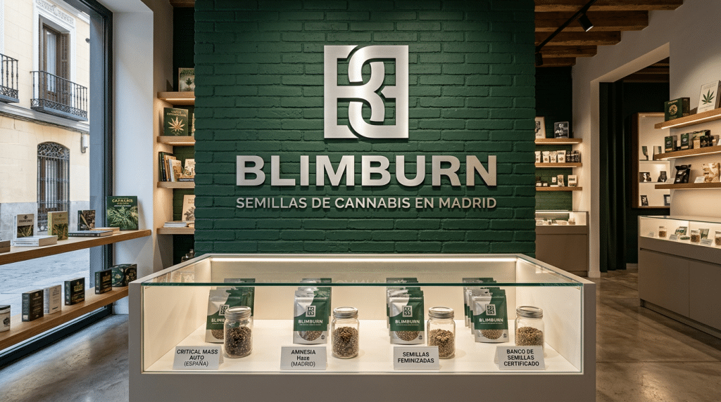 Tienda de Blimburn con exposición de semillas de cannabis en Madrid.