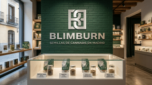 Tienda de Blimburn con exposición de semillas de cannabis en Madrid.