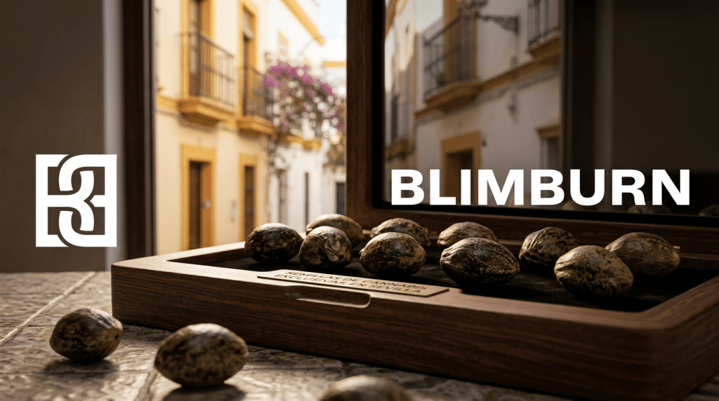 Semillas de cannabis de Blimburn en Sevilla colocadas sobre una bandeja de madera junto a una ventana con vistas a una calle sevillana.