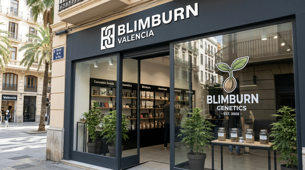 Tienda de Blimburn en Valencia especializada en semillas de cannabis con escaparate y productos visibles.