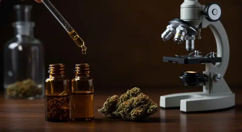 Aceites y flores de cannabis analizados en laboratorio para estudiar la estabilidad de cannabinoides como THC y CBD frente a luz, oxígeno y temperatura.
