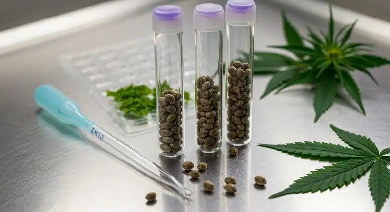Muestras de semillas de cannabis en laboratorio utilizadas para análisis de ADN y certificación genética, garantizando autenticidad varietal y estabilidad genética.