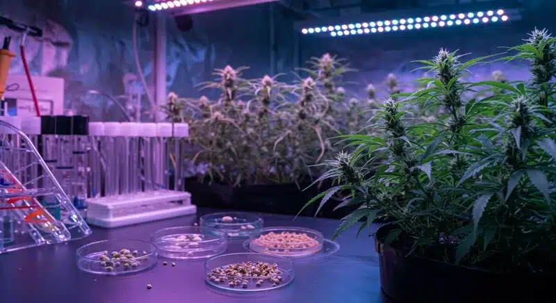 Laboratorio de cannabis con semillas y plantas utilizadas para el seguimiento fenotípico a partir de marcadores genéticos y selección avanzada de cepas.
