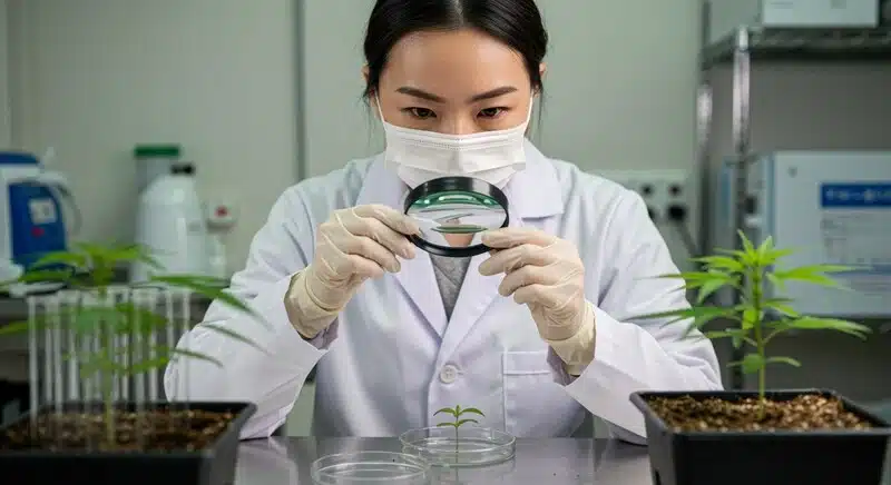 Científica examinando muestras de cannabis para identificar características genéticas y elegir semillas según su genotipo, resistencia y perfil de cultivo.