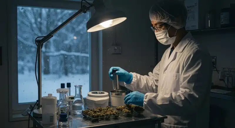 Investigadora realizando análisis genético de cannabis mediante marcadores SSR para estudiar diversidad genética, estabilidad varietal y autenticación de cepas.