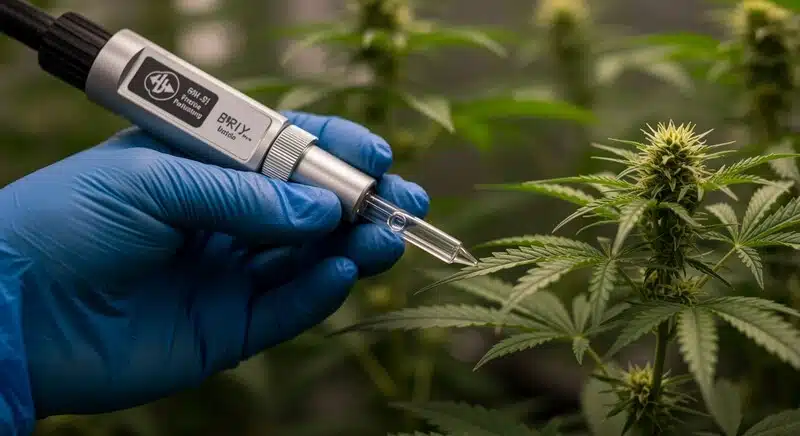 Medición precisa de Brix en hojas de cannabis con herramienta especializada.
