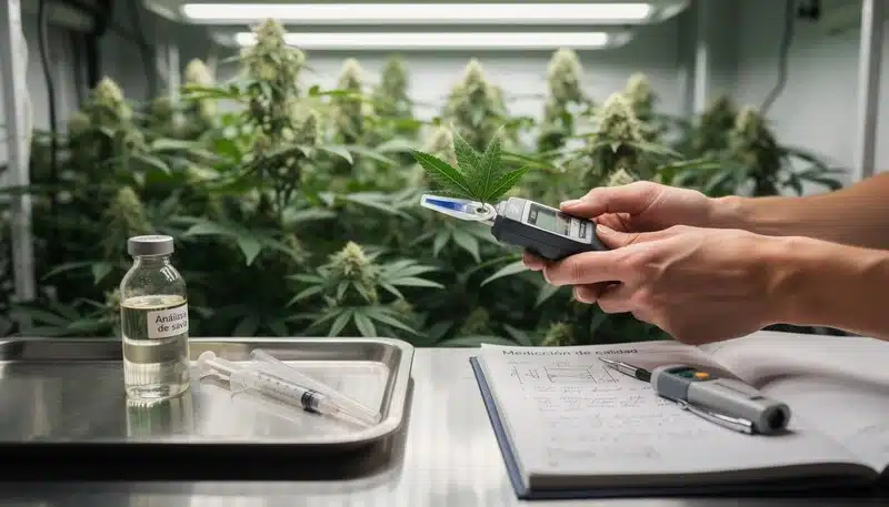 Evaluación de savia en cultivo de cannabis mediante herramientas analíticas. El análisis de savia ofrece datos precisos sobre nutrientes, pH y equilibrio mineral en tiempo real.