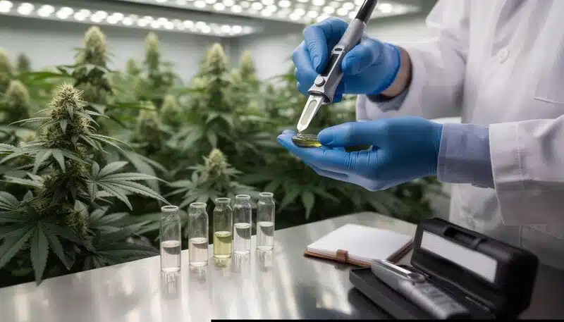 Evaluación avanzada de savia en cannabis con herramientas de precisión. Permite correlacionar Brix con niveles de nutrientes para ajustar estrategias de fertilización en cultivos comerciales.