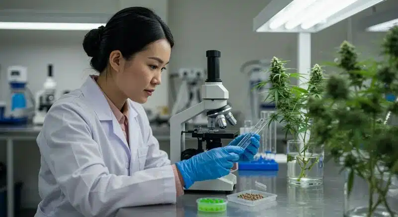 Investigadora utilizando herramientas de análisis molecular para determinar la fiabilidad de pruebas genéticas en cannabis y validar perfiles varietales y hereditarios.