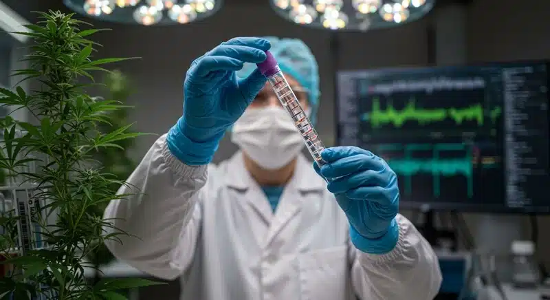 Técnico de laboratorio examinando ADN de cannabis con herramientas de análisis molecular para diferenciar perfiles genéticos y características fenotípicas de distintas cepas.