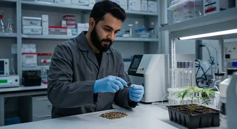 Técnico examinando semillas y plántulas de cannabis para garantizar trazabilidad genética, selección de variedades estables y control de calidad en bancos de semillas.