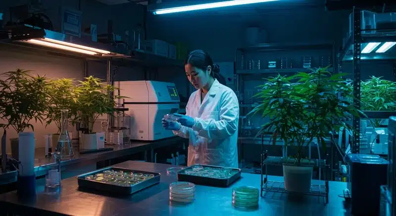 Investigadora trabajando con muestras de cannabis y técnicas de marcadores de ADN para estudiar genética, selección de variedades y características cannabinoides y terpénicas.