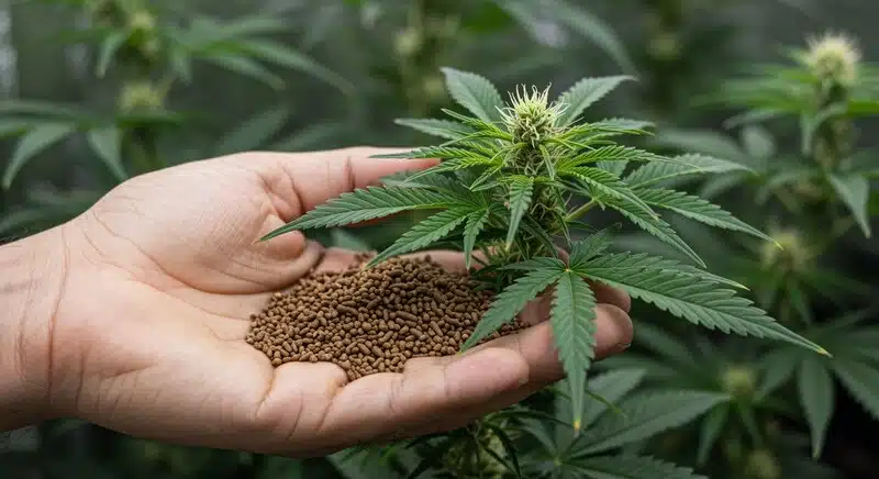 Aplicación de fertilizante granulado en planta Devil XXL Autoflower durante la fase de floración del cannabis.