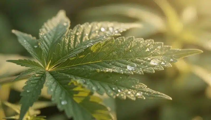 Hoja de cannabis sana con alto Brix indicador de buena fotosíntesis.