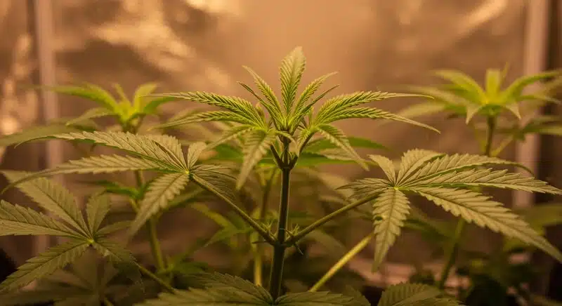 Plantación de Deimos Auto al aire libre en etapa avanzada de cultivo, con hojas amarillentas propias de la maduración y condiciones otoñales ideales para la cosecha.