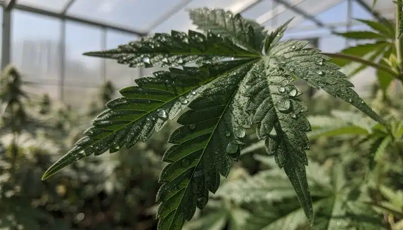 Hoja de cannabis en exterior mostrando variación genética en niveles de Brix.