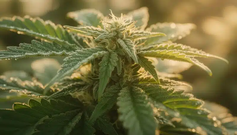 Hoja madura en cultivo controlado con buena turgencia y gotas de agua. Las plantas con mayor estabilidad genética suelen mantener niveles de Brix más altos durante todo el ciclo.