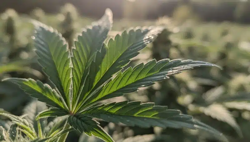 Hoja de cannabis sana evaluada con refractómetro para medir niveles de Brix.