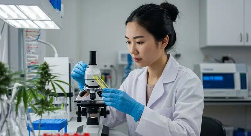 Laboratorio especializado en genética molecular del cannabis donde se estudian variedades, marcadores genéticos y características relacionadas con potencia, aroma y resistencia.
