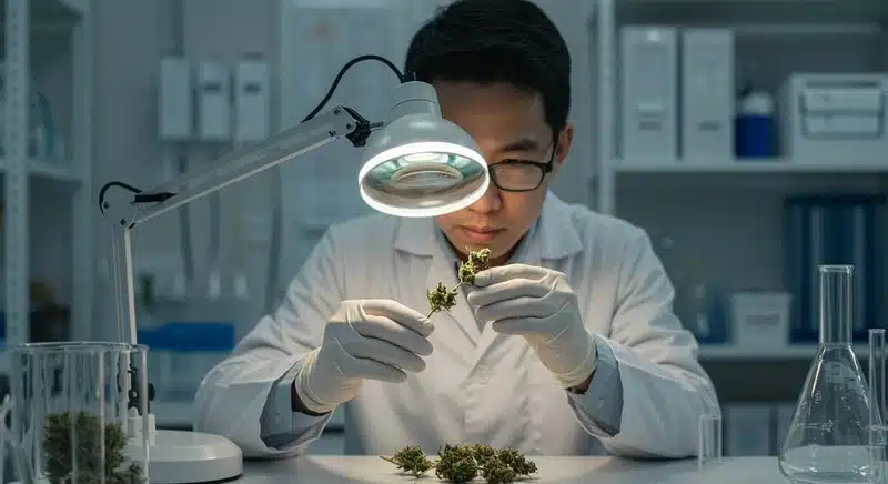 Científico examinando flores de cannabis en laboratorio para identificar variedades mediante códigos de barras genéticos y técnicas de taxonomía molecular.