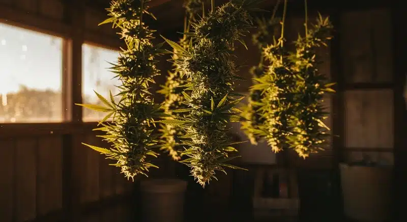 Flores de Exodus Cheese suspendidas en un espacio de secado con luz cálida y ventilación controlada, preservando terpenos y calidad tras la cosecha del cannabis.
